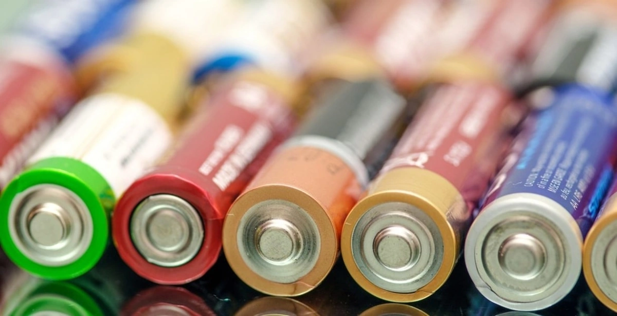Estas pilas son de uso común en controles remotos, juguetes, linternas y otros aparatos electrónicos pequeños. Varias pilas alcalinas de distintos colores colocadas una al lado de la otra, enfocando la parte del polo positivo.