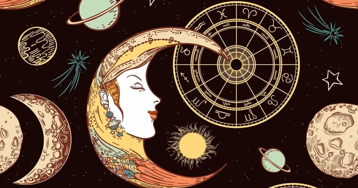 Ilustración astrológica con rueda zodiacal, la luna en forma de rostro femenino y planetas en el universo.