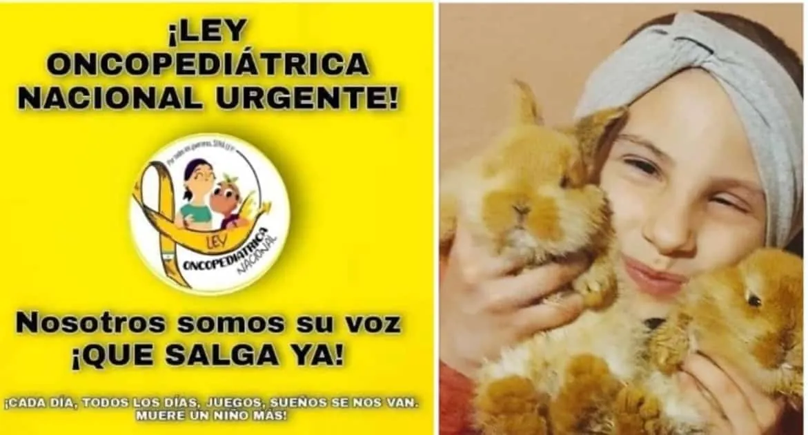 Cartel amarillo de la Ley Oncopediátrica Nacional urgente junto a una niña sonriente abrazando dos conejos