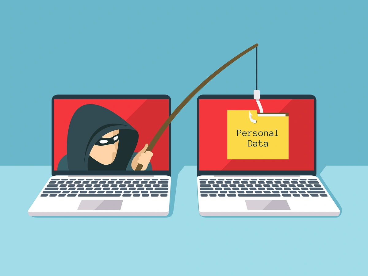 Ilustración de phishing y fraude, estafa y robo en línea.