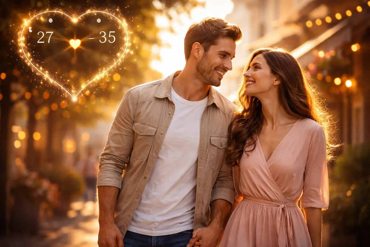 Pareja caminando de la mano con un corazón con su edad