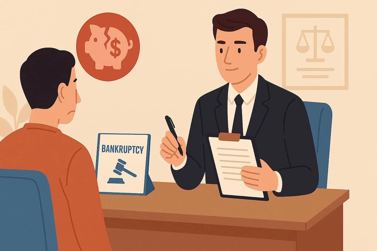 Abogado de bancarrota asesorando a un cliente en Estados Unidos, con documentos legales sobre la mesa.