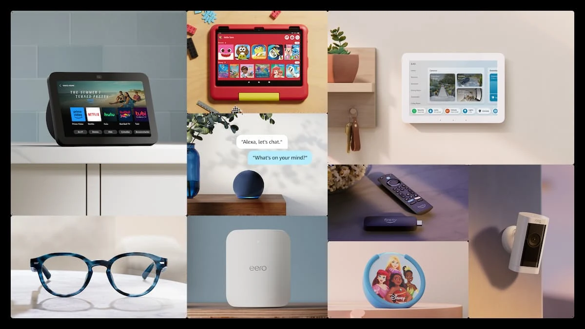 Collage de dispositivos con Alexa, como pantalla inteligente, tablet infantil, gafas, router eero y cámara