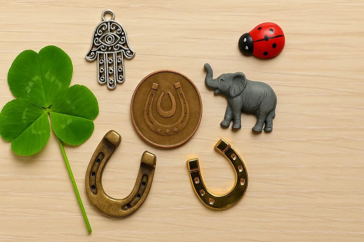 Amuletos de la buena suerte sobre una mesa: trébol de cuatro hojas, mano de Fátima, herraduras, moneda, elefante y mariquita