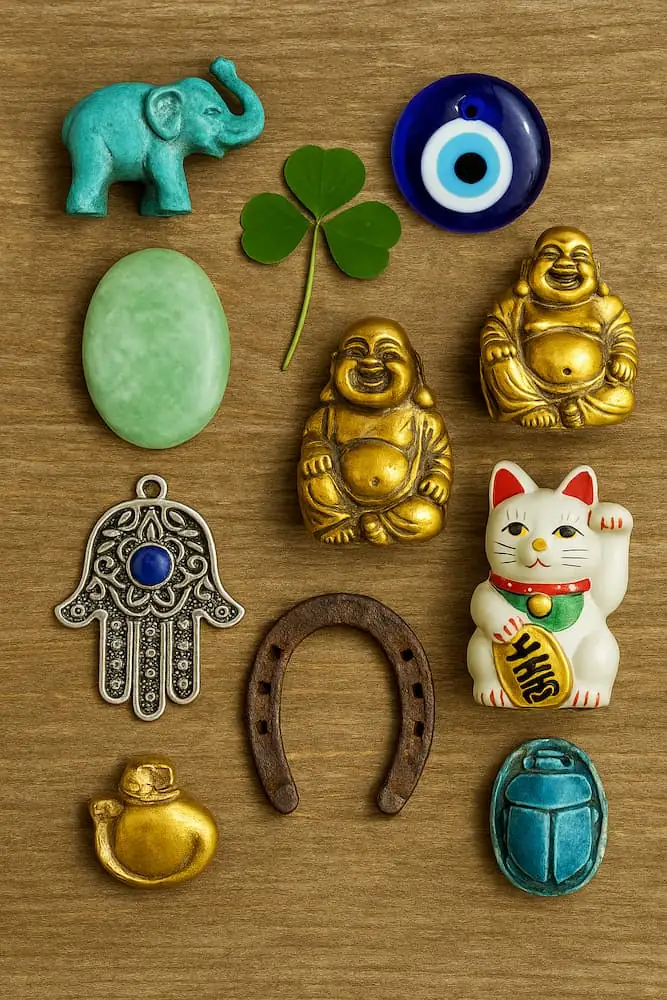 Amuletos de la suerte más populares para sumar buena vibra Collage de amuletos de la suerte como trébol de cuatro hojas, ojo turco, mano de Fátima, elefante, jade, Buda sonriente, herradura, gato Maneki-neko y escarabajo egipcio sobre fondo de madera.