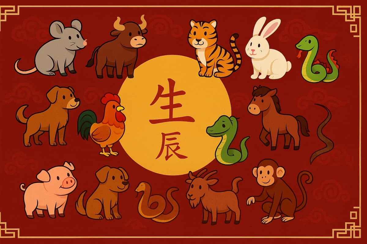 Diseño con fondo rojo y dorado que muestra los doce animales del horóscopo chino y el texto “Qué animal y elemento soy en el horóscopo chino”.