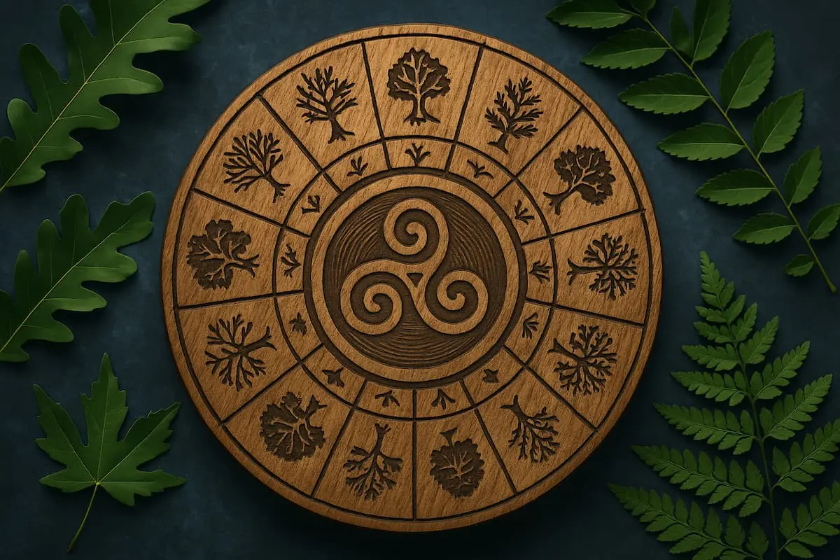 Ilustración vertical con símbolos de astrología celta y un fondo natural en tonos verdes.