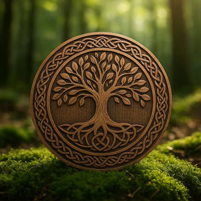 Figura de madera tallada con motivos celtas en un entorno natural iluminado suavemente.