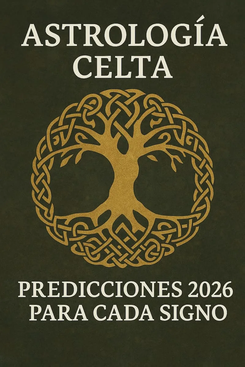 Ilustración horizontal de un círculo celta tallado con símbolos druídicos sobre fondo verde natural.