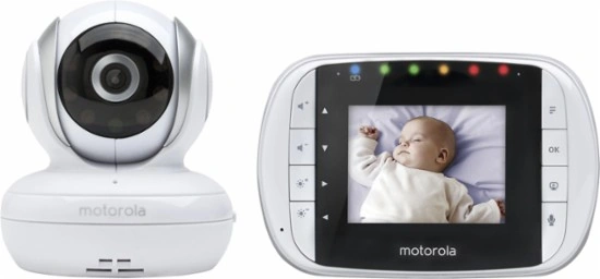 Monitor de bebé con video Motorola, mostrando la cámara con visión nocturna y la unidad para padres con pantalla a color.