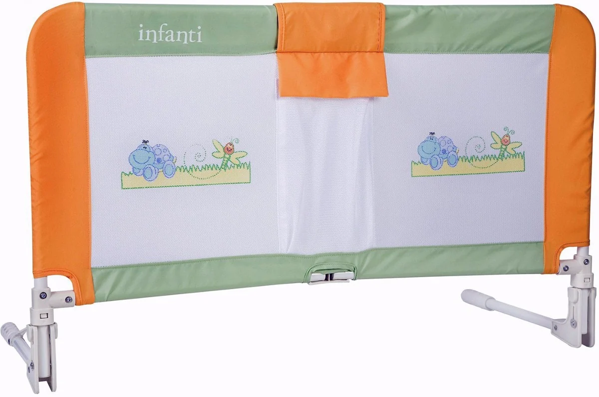 Barrera de seguridad infantil para cama, color verde y naranja, con malla transpirable y mecanismo plegable para evitar caídas.