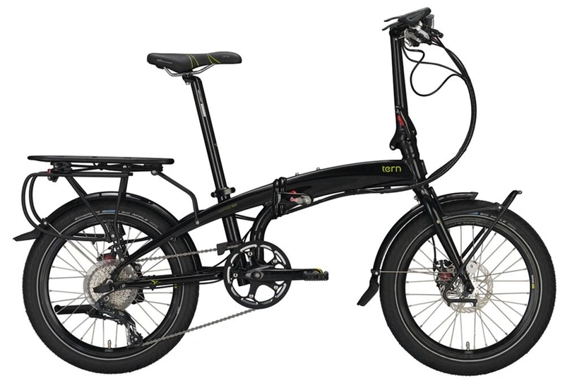 Bicicleta eléctrica y plegable marca Tern, ideal para el transporte en la ciudad gracias a su motor de asistencia y diseño compacto que facilita guardarla en espacios reducidos.
