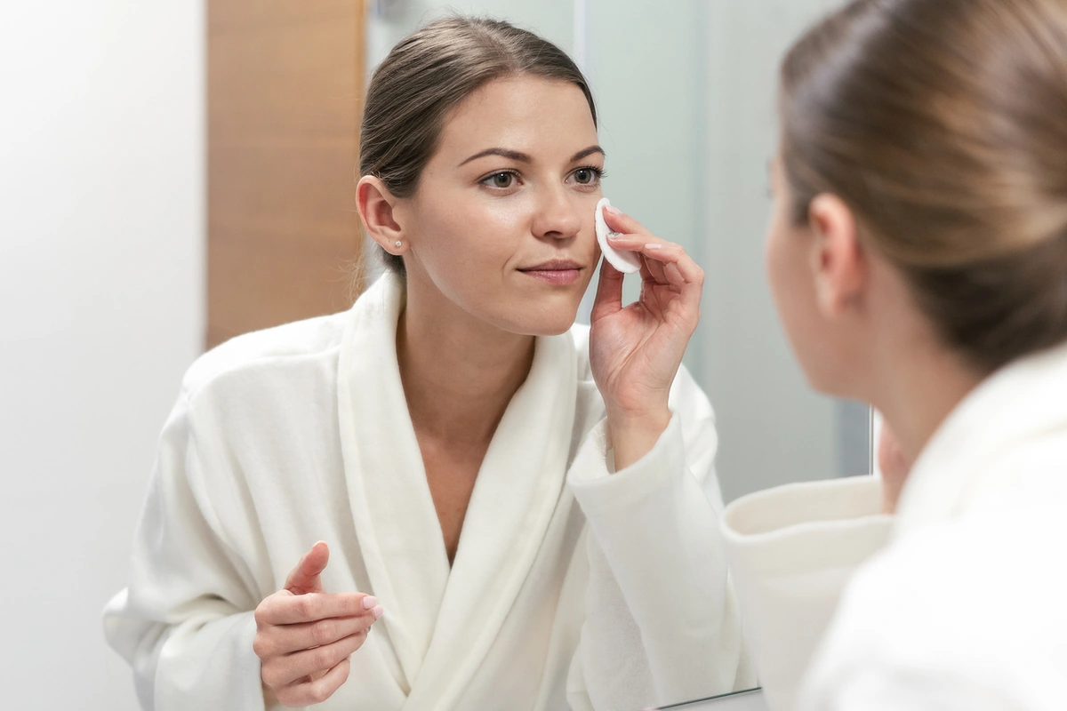Limpiar la piel del rostro es el primero paso para maquillarse como una profesional Mujer limpiando la piel del rostro antes de empezar a maquillarse como una profesional