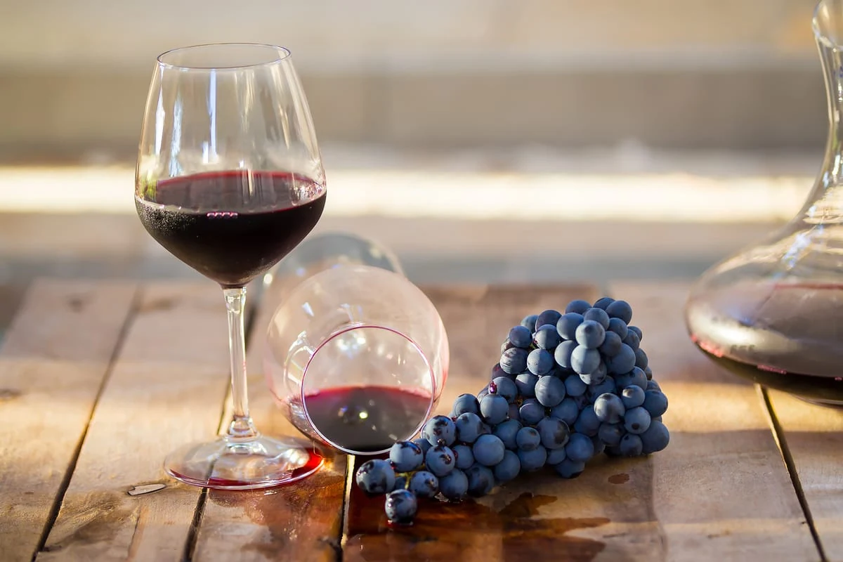 Una copa de Malbec argentino al atardecer: identidad y tradición en cada sorbo. Copas de vino con un racimo de uvas negras
