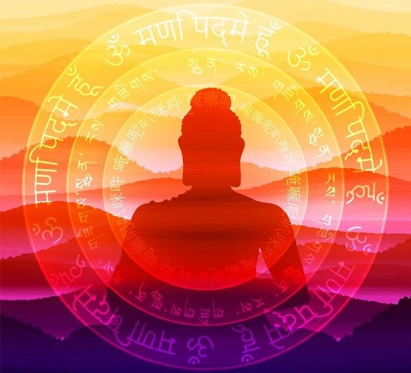 Tipos de Buda y sus enseñanzas espirituales Silueta de Buda meditando con mandala de mantras en tonos anaranjados y violetas, representando los distintos tipos de Buda y su energía espiritual.
