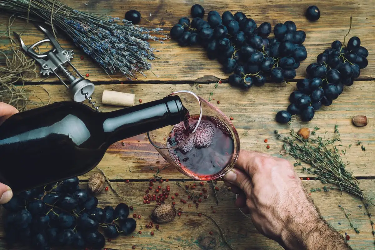 Copa de vino tinto servida con uvas frescas y hierbas sobre mesa rústica