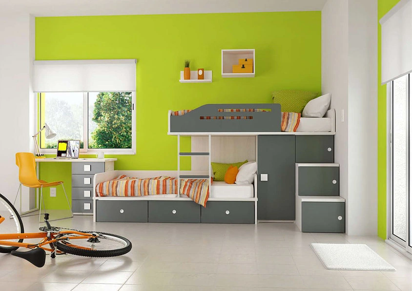 Habitación infantil con cama nido verde y pared pistacho