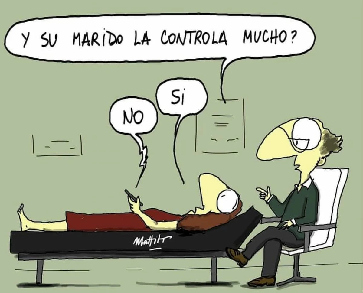 Caricatura de psicólogo preguntando a una paciente si su marido la controla mucho. Ella responde al mismo tiempo “no” y “sí” en dos globos de diálogo opuestos.