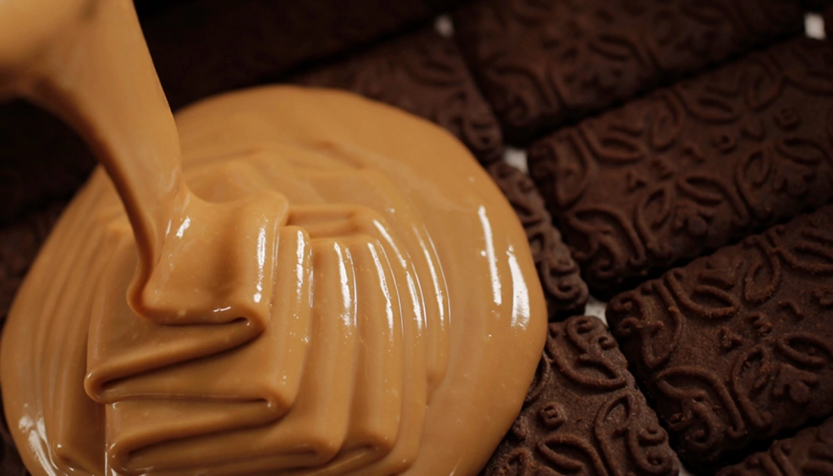 Crema de dulce de leche vertida sobre base de galletas en chocotorta