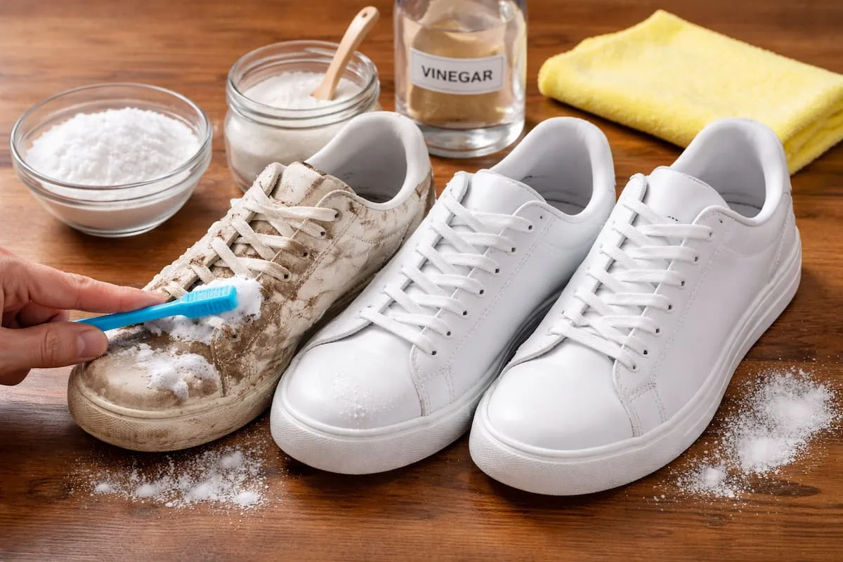 Zapatillas blancas siendo limpiadas con un cepillo y mezcla de bicarbonato y vinagre sobre una mesa.