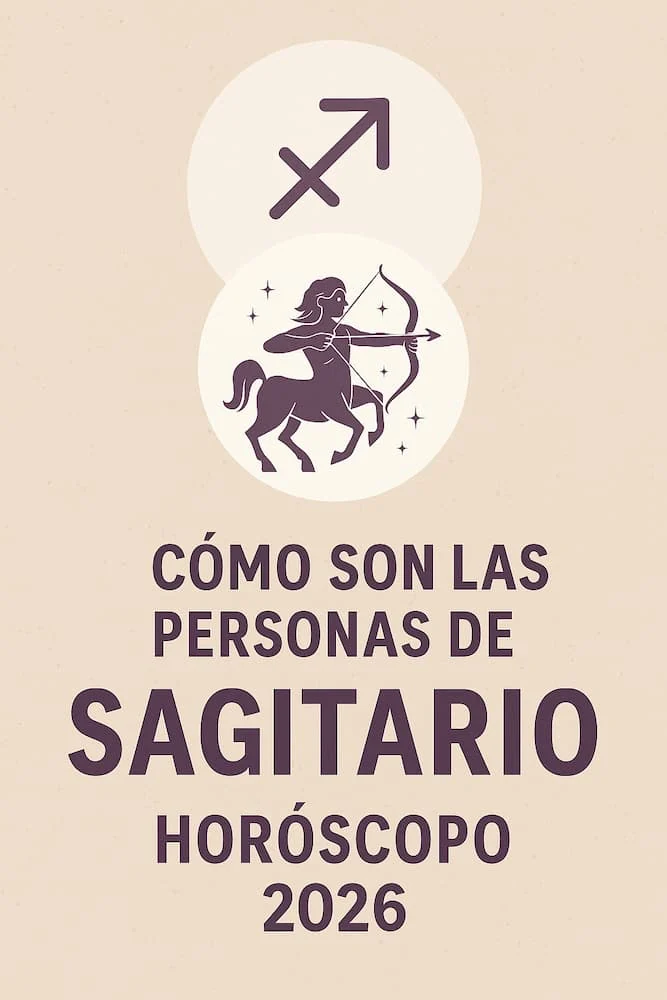 Infografía vertical con símbolos de Sagitario y texto sobre cómo son las personas de este signo en 2026