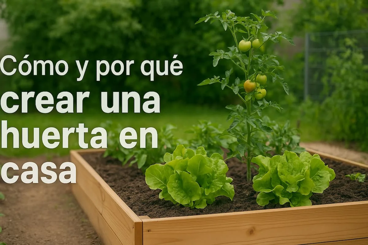 Huerta en casa con plantas verdes en un cajón de cultivo y texto que indica cómo y por qué crear una huerta en casa.