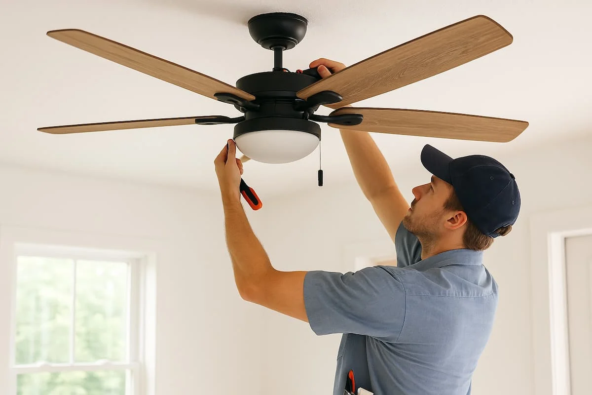 Hombre instalando un ventilador de techo moderno con aspas de madera en una habitación luminosa.
