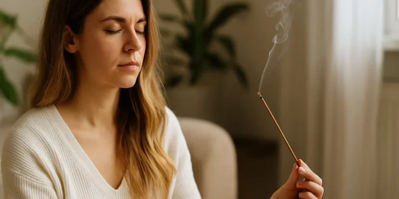 Mujer relajándose mientras limpia su energía con incienso en un ambiente cálido y natural.