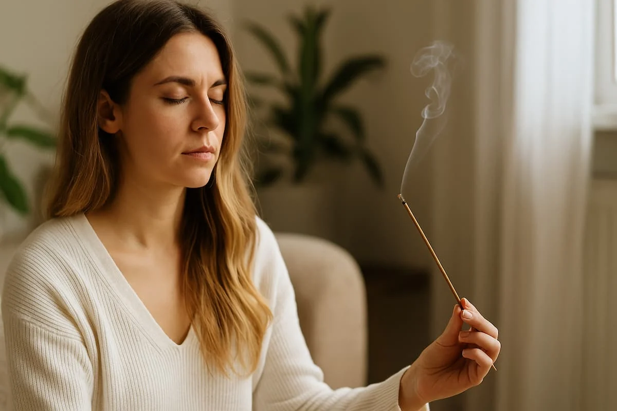 Mujer relajándose mientras limpia su energía con incienso en un ambiente cálido y natural.