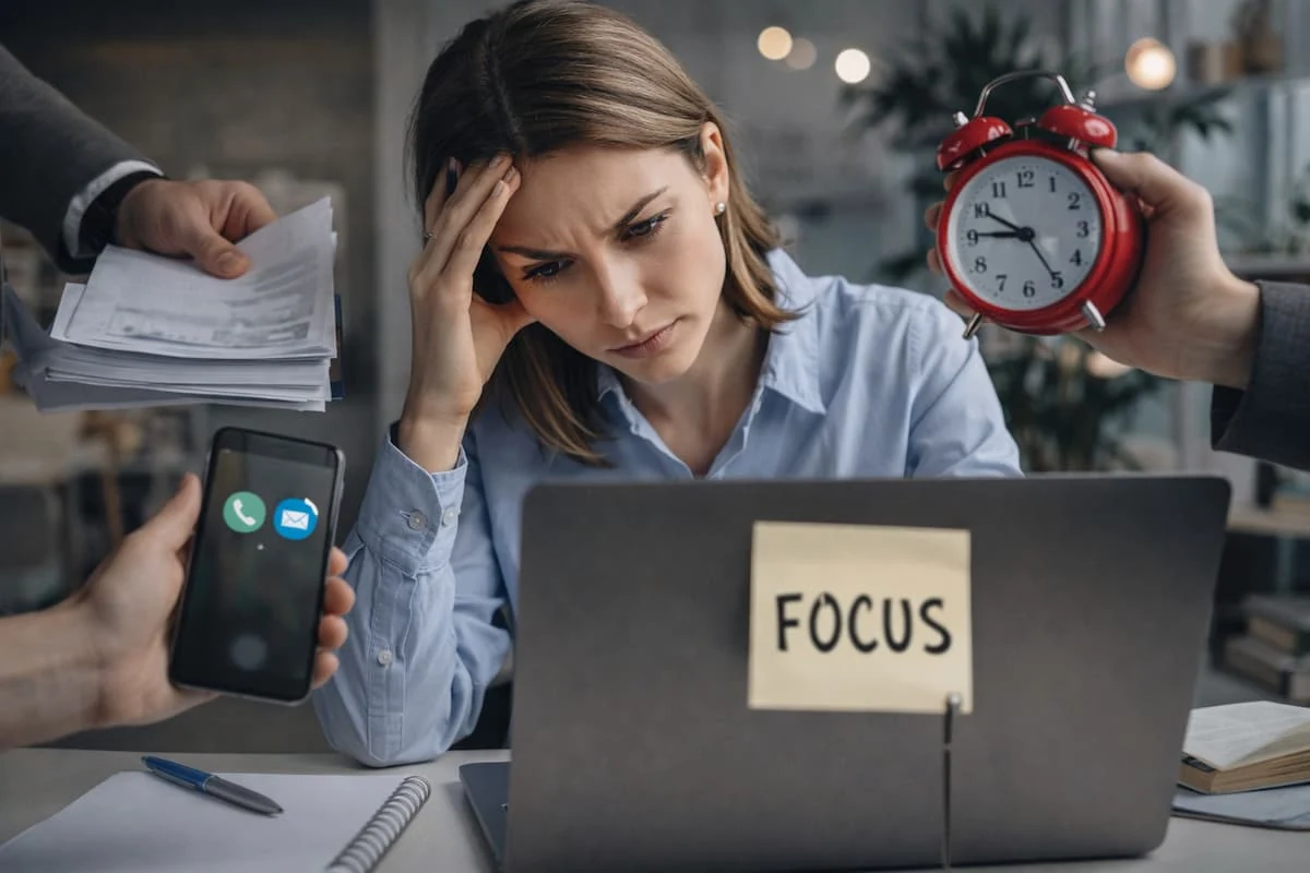 Mujer intentando concentrarse mientras enfrenta distracciones como el celular y el reloj