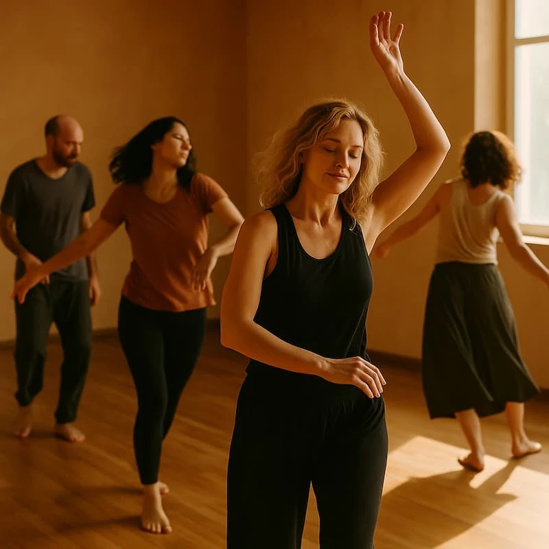 Los 5 Ritmos: liberar emociones a través del movimiento consciente Mujer danzando con los ojos cerrados, en una atmósfera de introspección y calma.