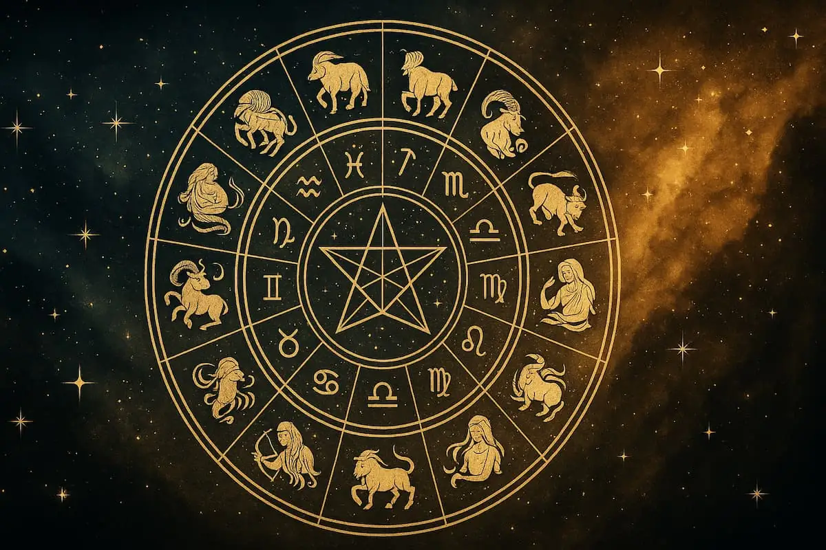 Rueda zodiacal con los doce signos del zodiaco representando el año astrológico 2026 sobre un fondo cósmico azul y dorado.