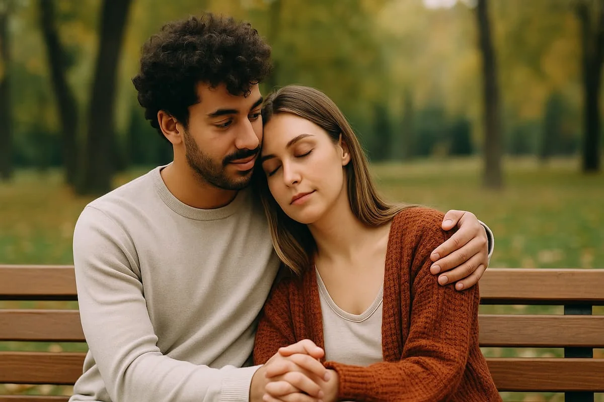 Pareja sentada en un parque compartiendo un momento tranquilo que refleja cómo el tiempo fortalece los vínculos afectivos.