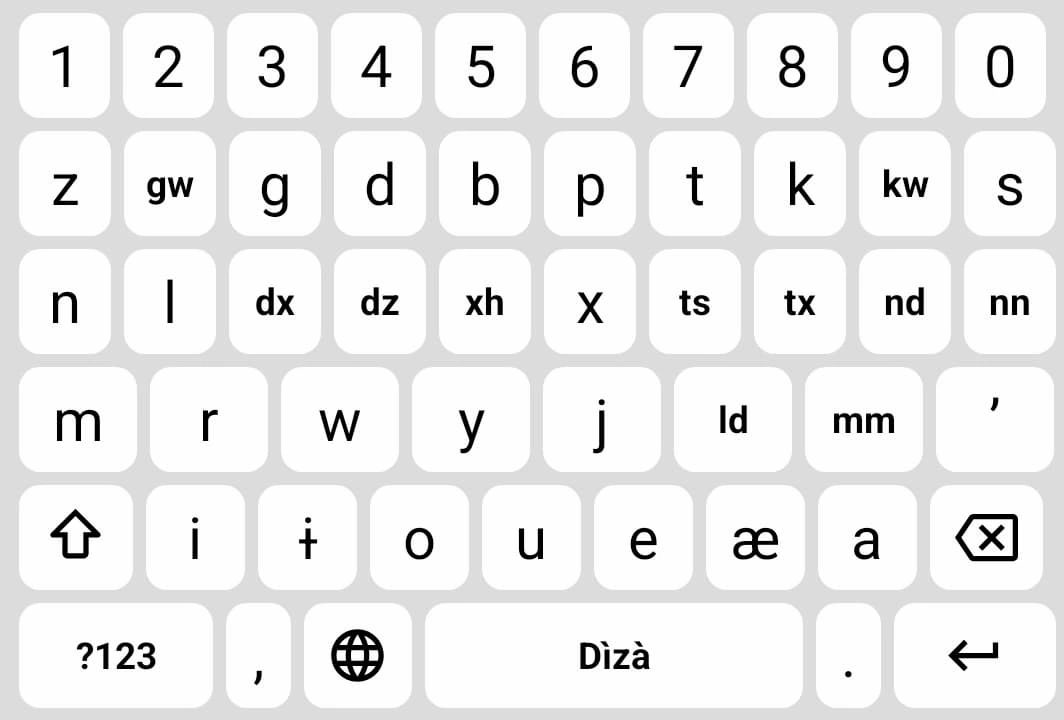 Teclado zapoteco de Motorola con caracteres especiales y combinaciones únicas para escribir en zapoteco desde un celular Android.