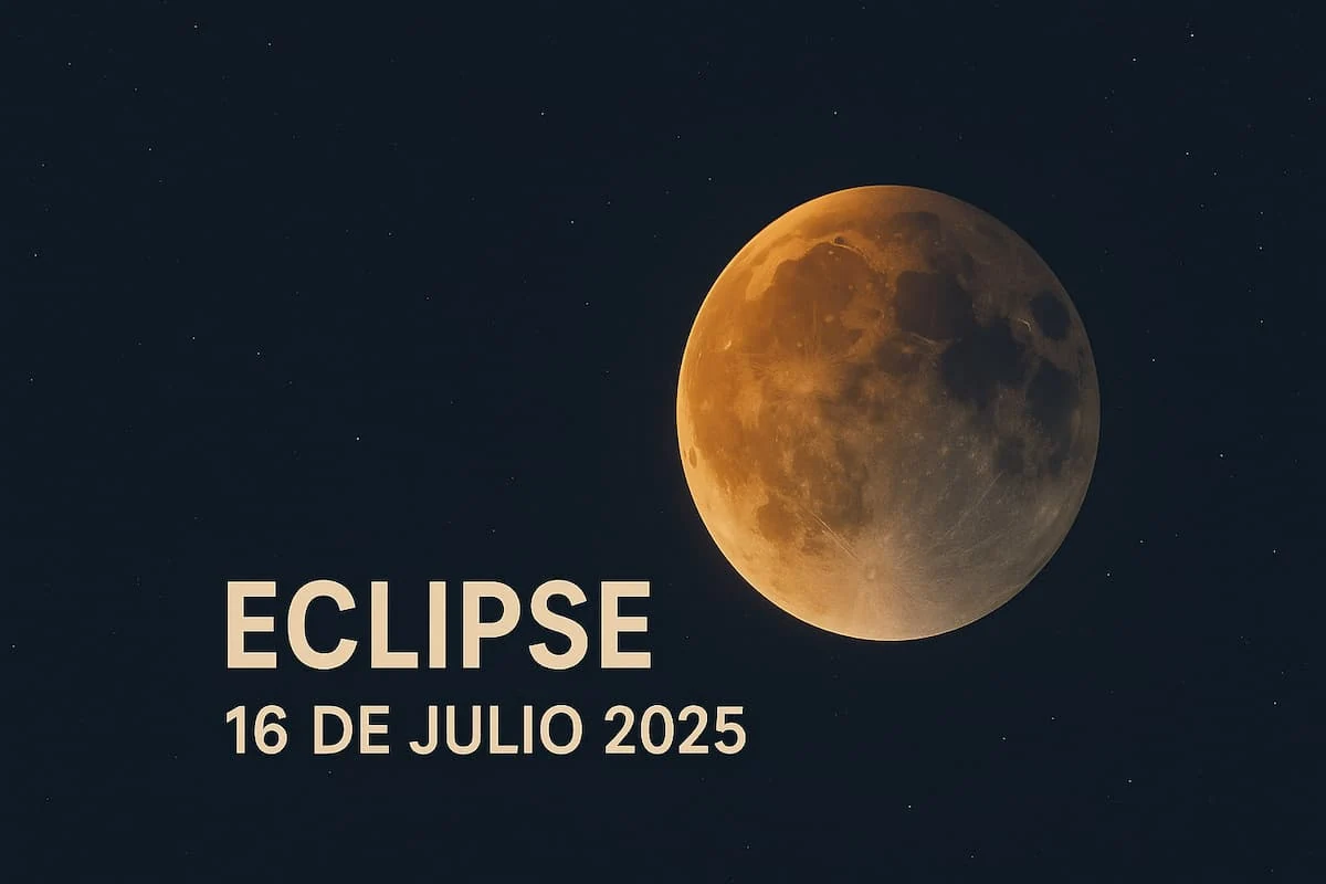 Eclipse lunar parcial del 16 de julio de 2025 con la Luna parcialmente oscurecida sobre un cielo estrellado.