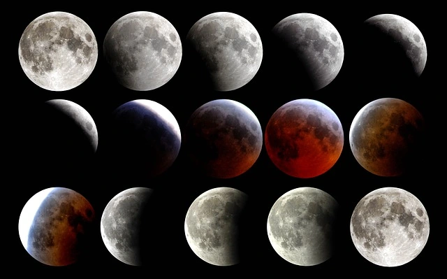 Fases de un eclipse lunar desde la luna llena hasta la luna roja.

