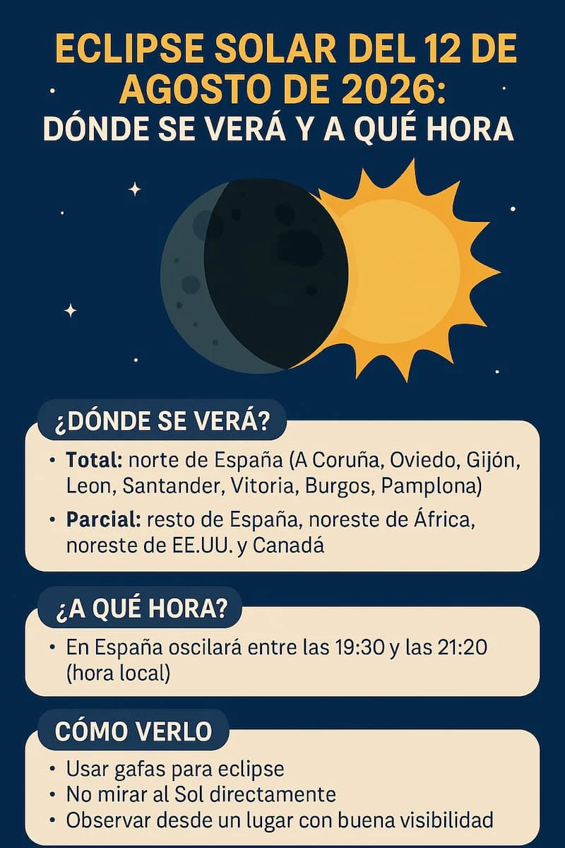 Infografía con toda la información sobre el eclipse solar del 12 de agosto de 2026: dónde se verá de forma total y parcial (incluyendo EE. UU. y Canadá), horarios y consejos de seguridad.