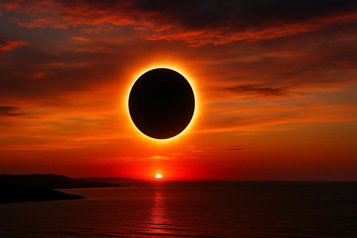 Eclipse solar total al atardecer sobre el mar, con la Luna cubriendo al Sol y un cielo en tonos rojos y naranjas.