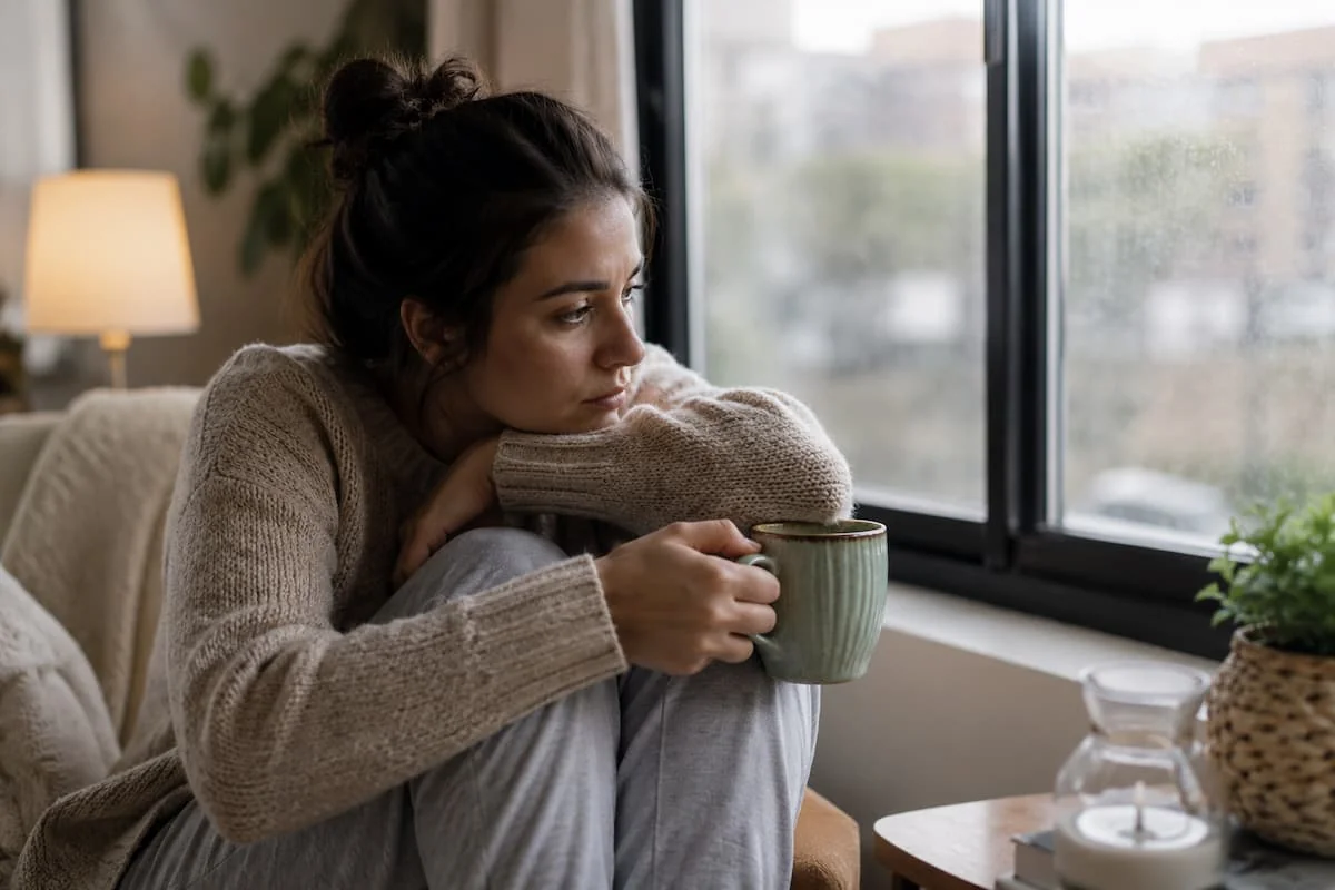 Una persona sentada junto a una ventana con una taza entre las manos, mirada perdida y expresión serena pero cansada. Luz natural suave. Sin dramatismo ni tristeza exagerada. Una escena cotidiana en la que muchas personas puedan reconocerse.