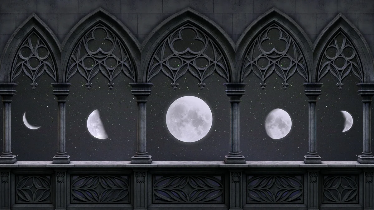 Representación de las fases de la luna con la Luna Llena en el centro, simbolizando el ciclo astrológico y el impacto de la Luna Llena en Leo.