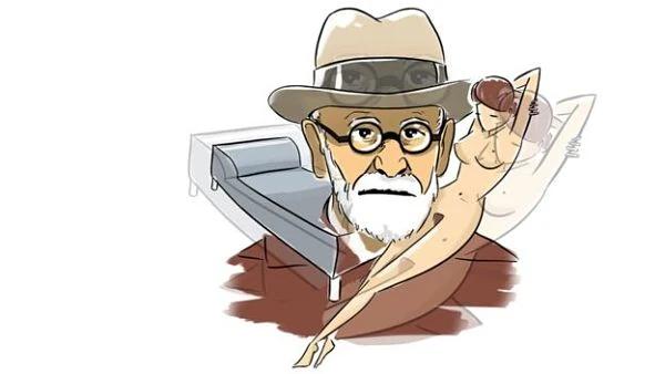 Caricatura de Sigmund Freud, padre del psicoanálisis, con su diván y una figura que representa el inconsciente, la libido y los sueños, temas de sus frases célebres.