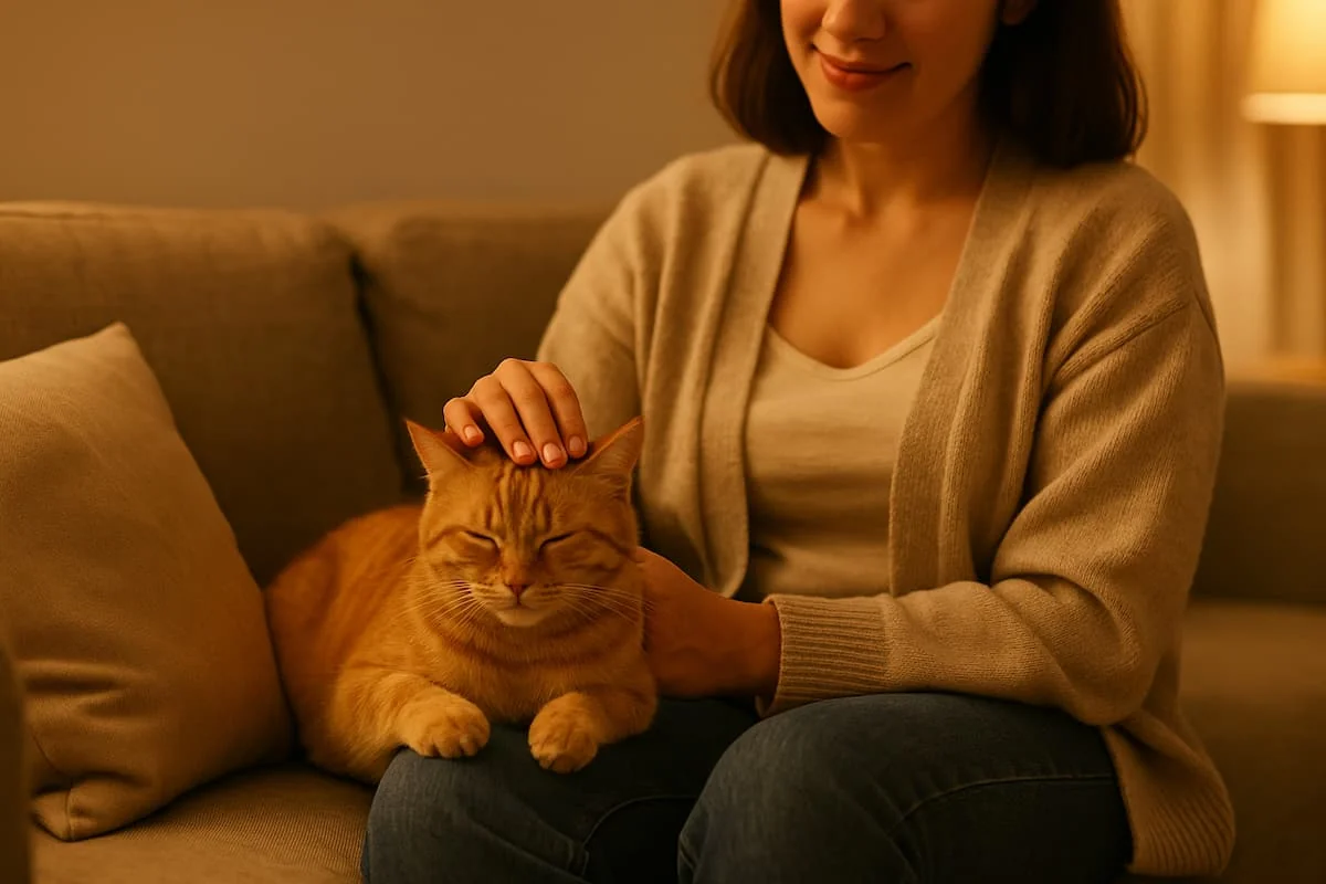 Mujer acariciando a su gato para tomar buena energía