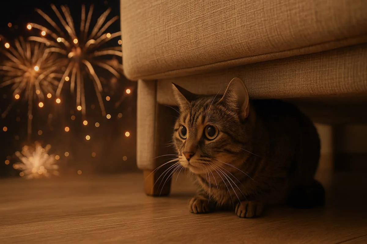 Gato asustado por fuegos artificiales refugiado debajo del sofa