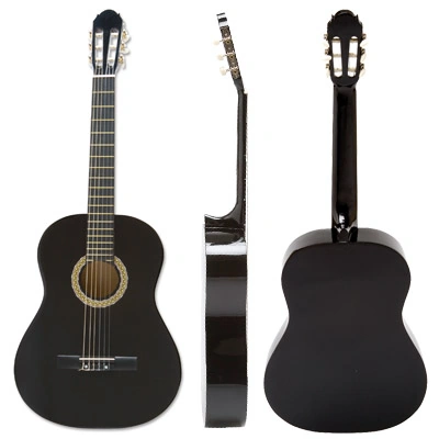 Tres vistas (frontal, perfil y trasera) de una guitarra clásica, mostrando su anatomía y características para entender este tipo de instrumento.