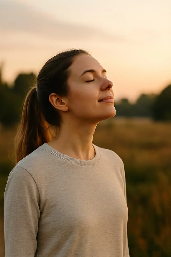 Mujer joven disfrutando del aire libre y la luz del sol en un entorno natural, símbolo de calma, bienestar y equilibrio emocional.