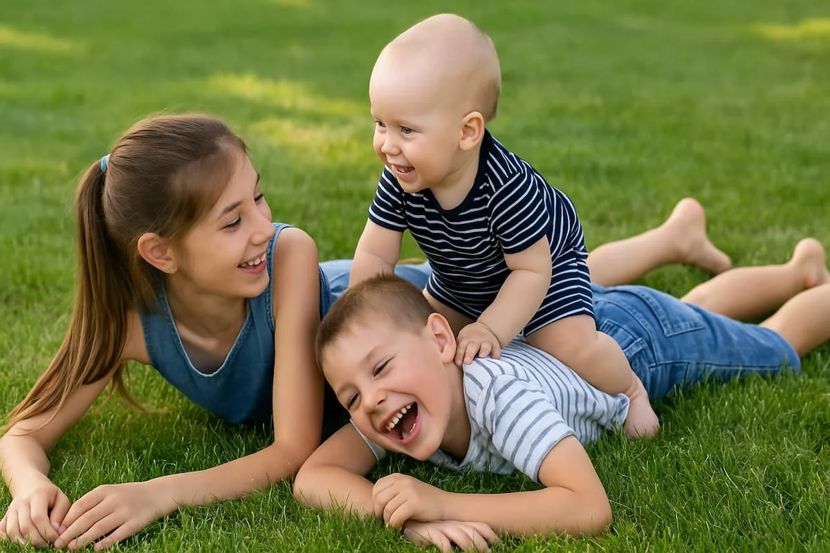 Hermanos de distintas edades jugando juntos sobre el césped en un día soleado, sonriendo y disfrutando en familia.