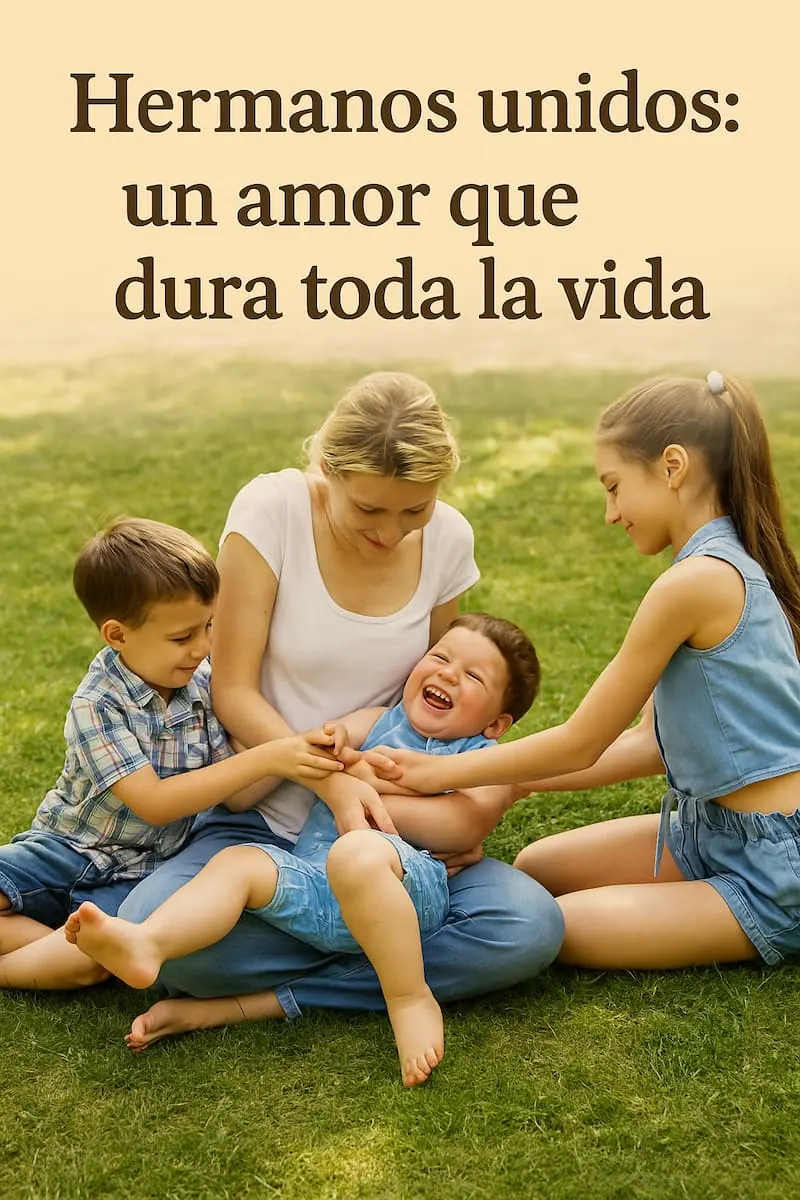 Madre jugando con sus tres hijos sobre el césped, símbolo de unión familiar y amor entre hermanos.