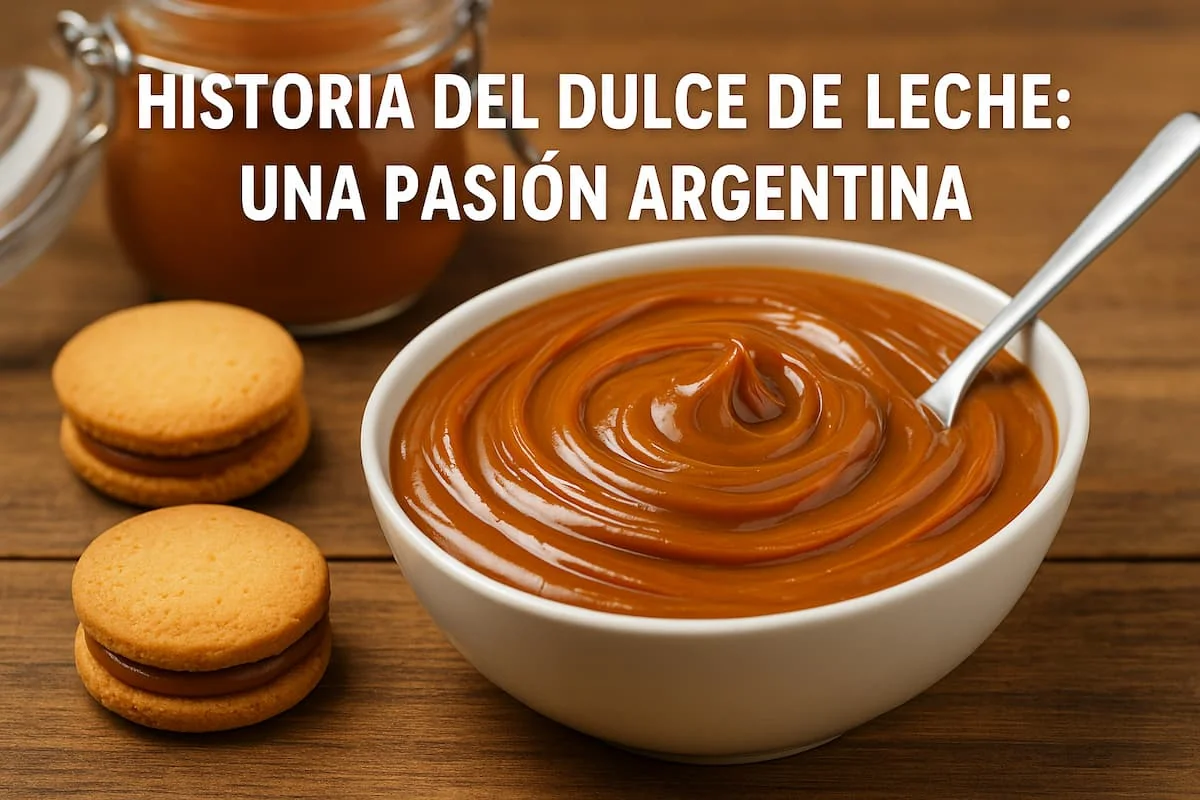 Dulce de leche casero cremoso servido en un cuenco, receta paso a paso. Frasco de dulce de leche artesanal con cucharada decorativa sobre una mesa rústica.
