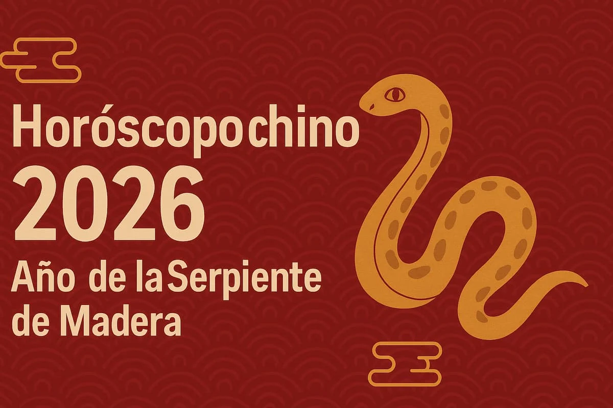 Ilustración del horóscopo chino 2026 con una serpiente dorada sobre fondo rojo y texto que indica “Año de la Serpiente de Madera”.