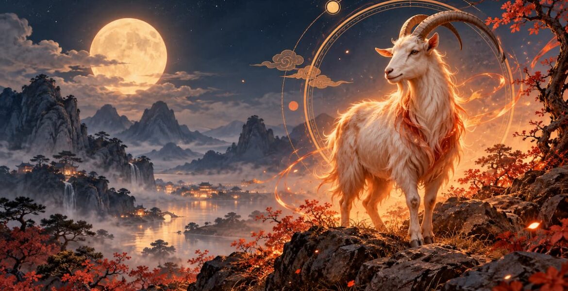 Cabra de Fuego Yin en un paisaje inspirado en el horóscopo chino 2027